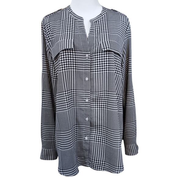 CALVIN KLEIN Classic Houndstooth Blouse Top Large‎ Career Dressy Office V-Neck - Picture 7 of 8